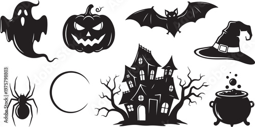 Halloween icons and symbols in black and white color