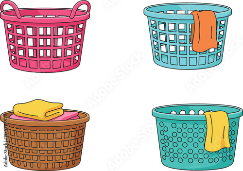 Vector illustration of colorful laundry baskets with towels in different household styles