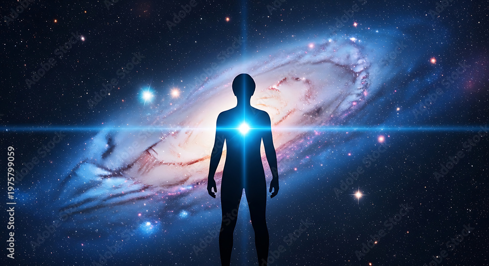 Fototapeta premium Enlightened soul human energy connecting to the vast universe and glowing cosmic galaxy