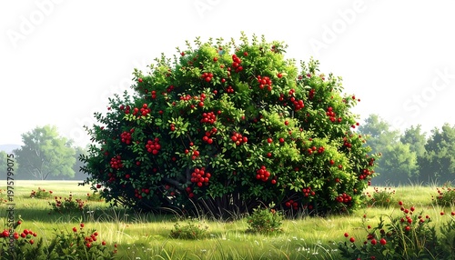 A large bush with red berries in a green field