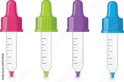 Vector illustration of colorful medicine droppers with measurement markings in laboratory or medical use