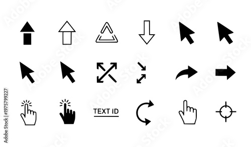 A set of black and white computer mouse cursor icons and symbols