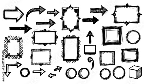 A collection of hand-drawn arrows and frames in a sketchy style