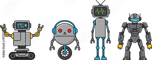 Vector illustration of diverse cartoon robots with different designs, mobility, and futuristic features