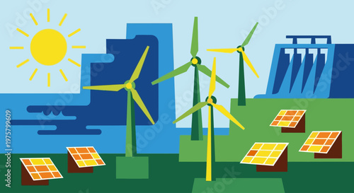Renewable energy sources, solar panels and wind turbines