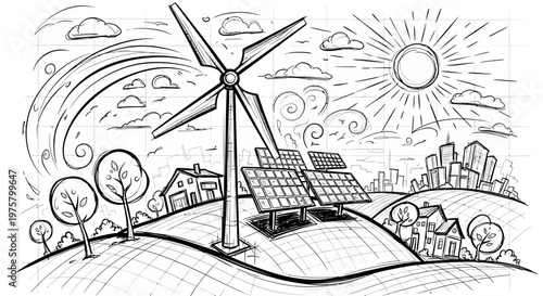 Renewable energy sources, sustainable cityscape with wind turbine and solar panels