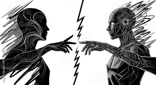 Robot and human connect, contrasting technology and nature