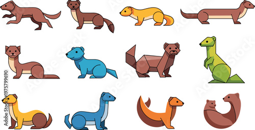 Weasel Ferret Vector Set Cute Mustelid Animal Collection Flat Illustration