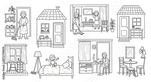 Set of house rooms and furniture illustrations