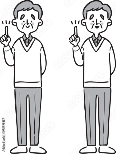 人差し指を立てているシニア男性　全身　ベクター（モノクロ）