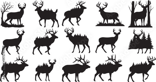Collection of deer silhouettes in various poses and settings