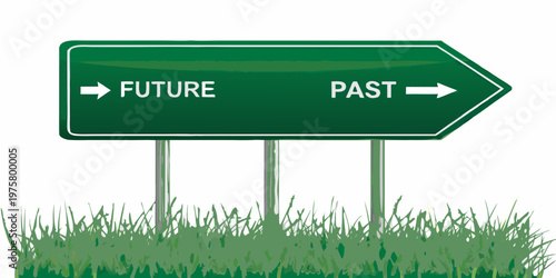 A green signpost indicating directions to the future and the past