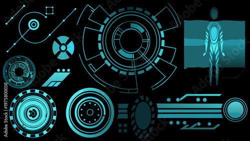 Futuristic interface elements and a humanoid figure on a black background