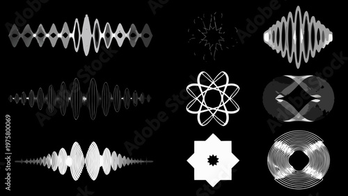 Abstract geometric shapes and waveforms displayed on a black background