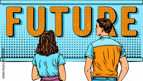 Couple gazing at a large dotted future sign in a pop art style