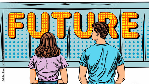 Couple gazing at a large illuminated future sign in a pop art style