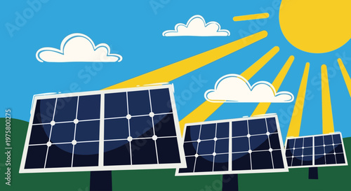 Solar panels in green field on sunny day