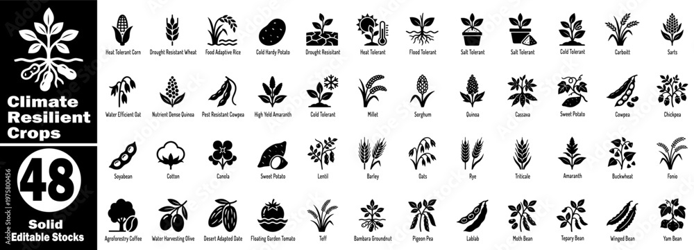 Naklejka premium Climate resilient crops icons solid editable stocks agricultural plants.