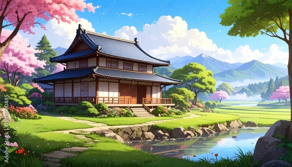 Fototapeta premium Serene Japanese Traditional House Amidst Cherry Blossoms and Lush Greenery.