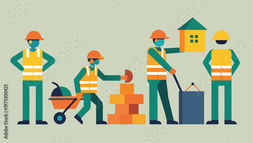 Construction workers, laborers, building site, vector icons