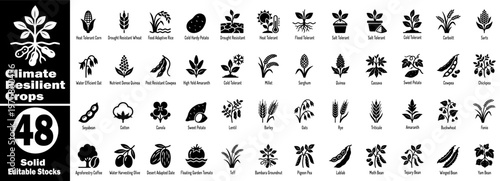 Climate resilient crops icons solid editable stocks agricultural plants.