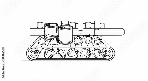Factory conveyor belt processing bell peppers and cans