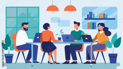 Office workers collaborating, team meeting, business people, laptops, modern workspace