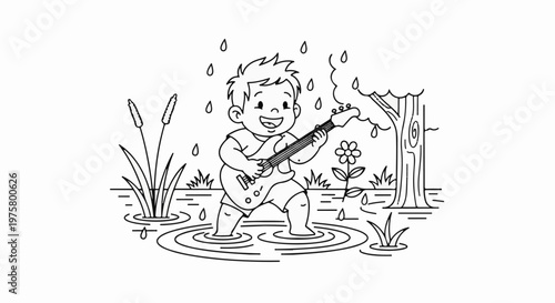 Joyful child plays guitar in rainy puddle, surrounded by nature's elements