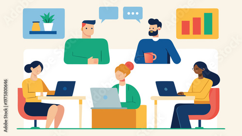 Business team, office coworkers, people working, laptop computers, teamwork