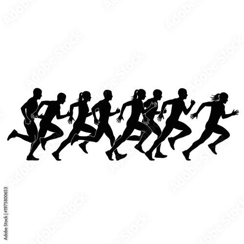 Diverse group of athletes running in silhouette, representing competition and speed.