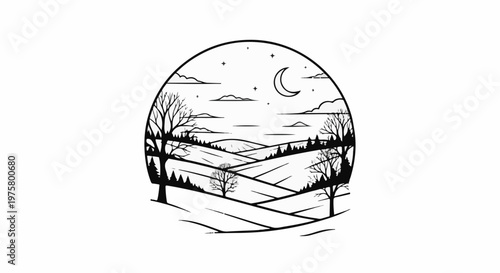 Minimalist circular scene of a nighttime landscape with rolling hills and bare trees
