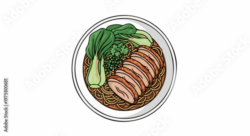 A bowl of noodles with sliced meat and green vegetables