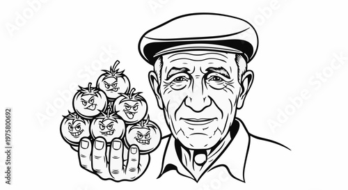 Old farmer in hat holding grumpy tomatoes in his hand