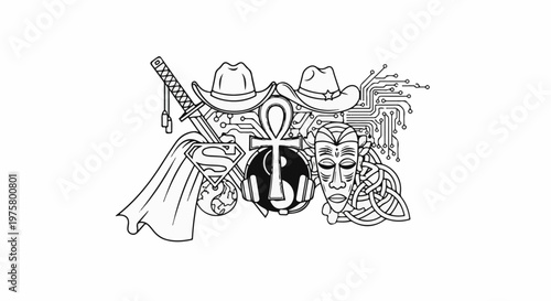 A collage of diverse cultural symbols intertwined with technology and heroic motifs