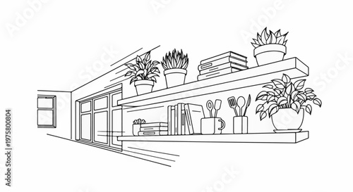 Sketch of shelves with plants, books, and kitchen utensils against a window