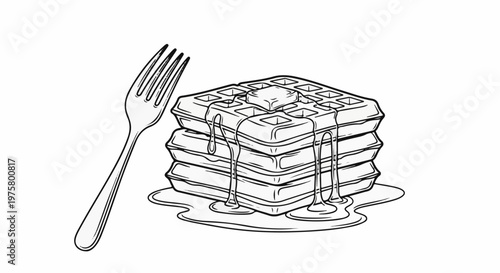 Stacked square waffles with syrup and butter, and a fork