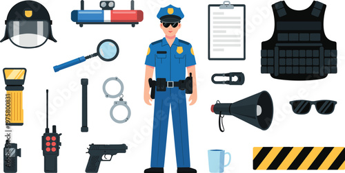Vector illustration of police officer with law enforcement equipment and accessories in cartoon style"