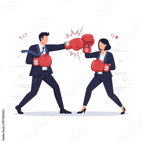 Business rivalry: man and woman in boxing gloves fighting, competition concept