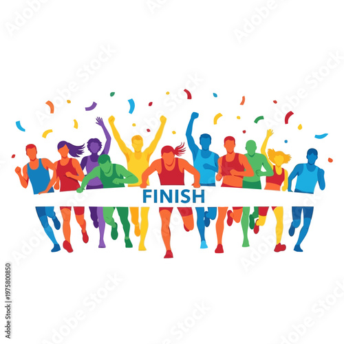 Diverse runners crossing finish line with confetti, celebrating victory and achievement