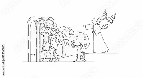 Angel points away from gate to figures, trees, apple tree, and snake