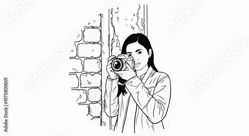 Young woman with camera takes picture against textured brick wall