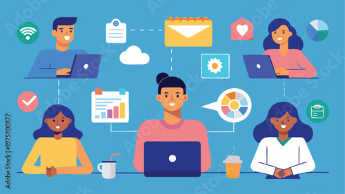 Remote team, business collaboration, communication icons, vector illustration