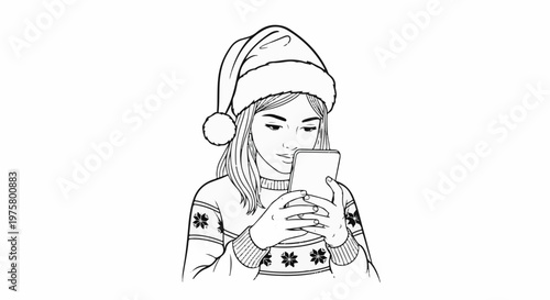 Young woman wearing Santa hat and holiday sweater, engrossed in her smartphone