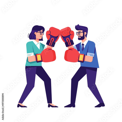 Business rivals boxing, man and woman in competition, rivalry concept illustration
