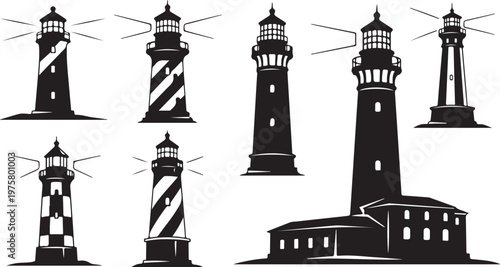 Collection of Various Lighthouses in Black and White Silhouette