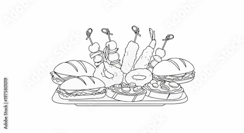 Assortment of appetizers including burgers, skewers, and small bites