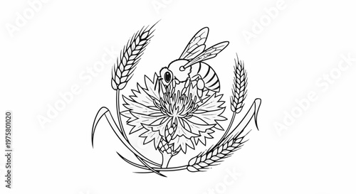 A bee pollinates a flower surrounded by wheat stalks