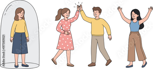 Vector illustration of social interaction showing isolation inside bubble and group celebrating outside