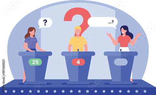 Vector illustration of quiz show with contestants at podiums answering questions with scores displayed