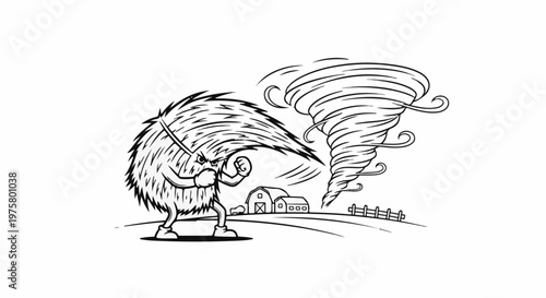 A bale of hay character confronts a powerful tornado in a rural landscape